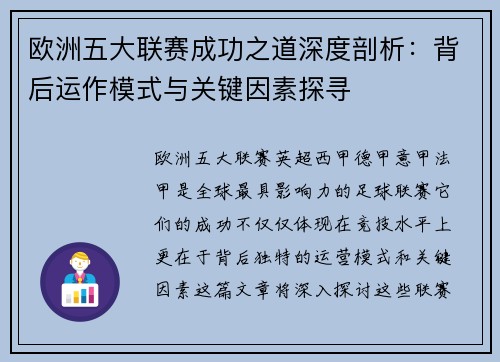 欧洲五大联赛成功之道深度剖析：背后运作模式与关键因素探寻